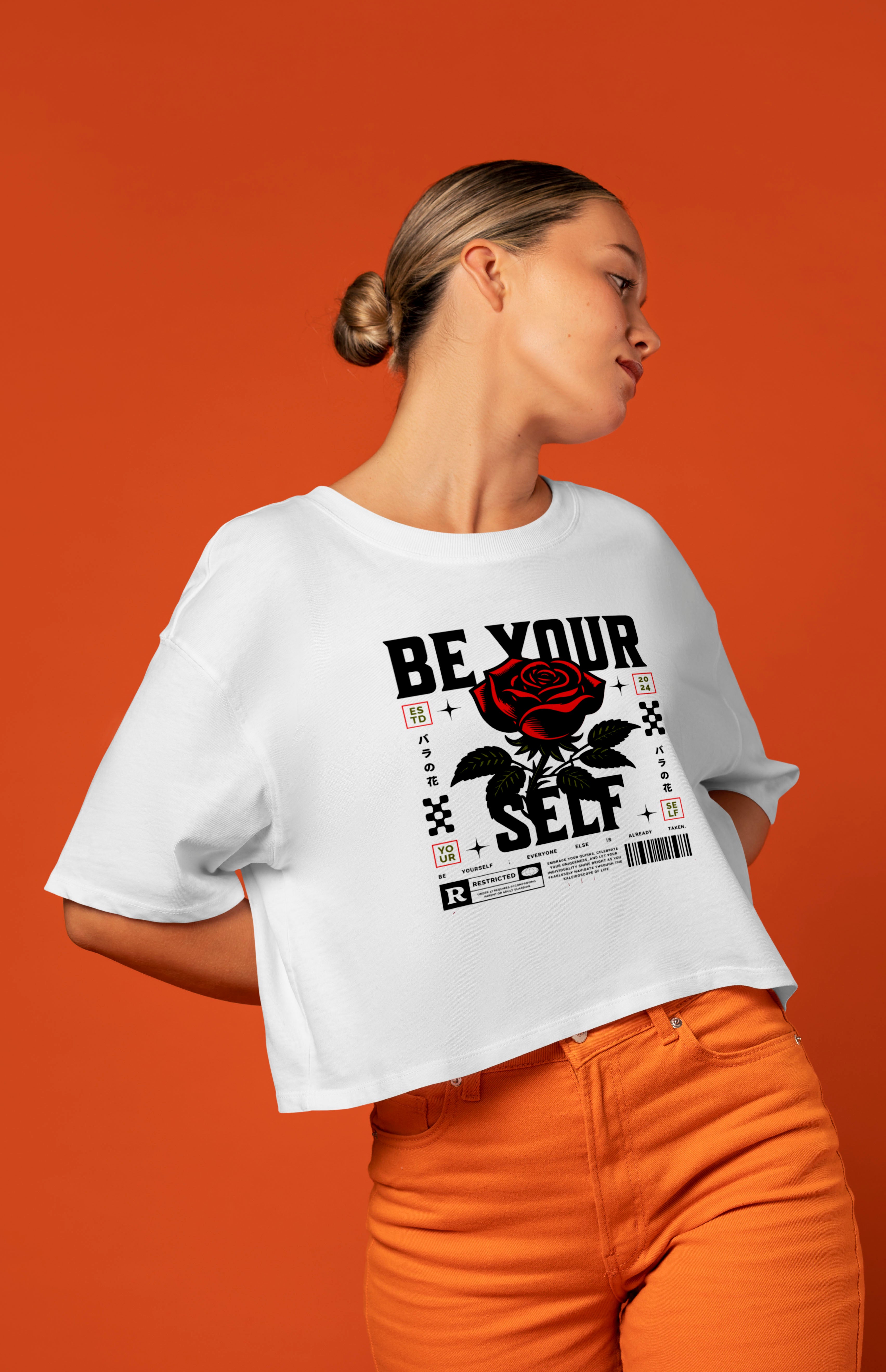 Be Yourself" Street Graphic T-Shirt ā Rose & Barcode Print (Unisex)