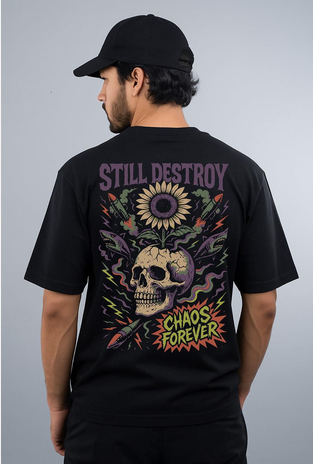 Chaos Forever" Skull & Sunflower Graphic Street Tee