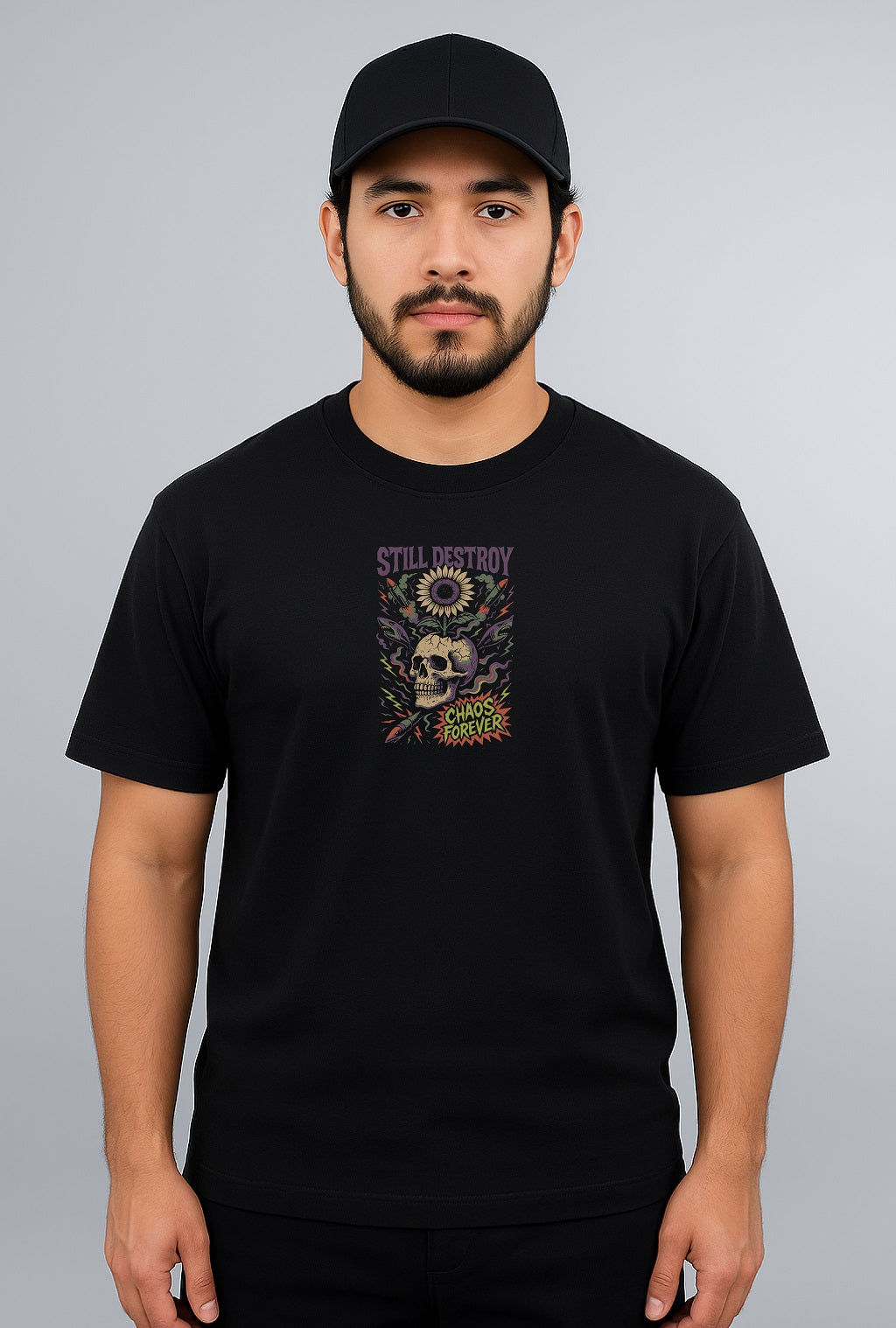 Chaos Forever" Skull & Sunflower Graphic Street Tee